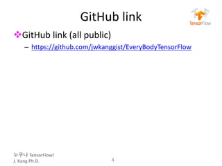 누구나 TensorFlow!
J.	Kang	Ph.D.
GitHub	link
vGitHub	link	(all	public)
– https://github.com/jwkanggist/EveryBodyTensorFlow
4
 