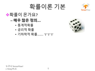 누구나 TensorFlow!
J.	Kang	Ph.D.
확률이론 기본
v확률이 몬가요?
– 매우 많은 정의….
• 통계적확률
• 공리적 확률
• 기하학적 확률…….. ㅜㅜㅜ
6
 