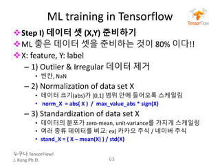 누구나 TensorFlow!
J.	Kang	Ph.D.
ML	training	in	Tensorflow
vStep	I)	데이터 셋 (X,Y) 준비하기
vML 좋은 데이터 셋을 준비하는 것이 80% 이다!!
vX:	feature,	Y:	label
– 1)	Outlier	&	Irregular	데이터 제거
• 빈칸, NaN
– 2)	Normalization	of	data	set	X
• 데이터 크기(abs)가 [0,1]	범위 안에 들어오록 스케일링
• norm_X =	abs(	X	)		/		max_value_abs *	sign(X)
– 3)	Standardization	of	data	set	X
• 데이터의 분포가 zero-mean,	unit-variance를 가지게 스케일링
• 여러 종류 데이터를 비교: ex)	카카오 주식 / 네이버 주식
• stand_X =	(	X	– mean(X)	)	/	std(X)
63
 