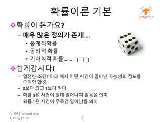누구나 TensorFlow!
J.	Kang	Ph.D.
확률이론 기본
v확률이 몬가요?
– 매우 많은 정의가 존재….
• 통계적확률
• 공리적 확률
• 기하학적 확률…….. ㅜㅜㅜ
v쉽게갑시다!
– 일정한 조건? 아래 에서 어떤 사건이 일어난 가능성의 정도를
수치화 한것
– 0보다 크고 1보다 작다.
– 확률 0은 사건이 절대 일어나지 않음을 의미
– 확률 1은 사건이 무족건 일어남을 의미
7
 