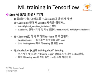 누구나 TensorFlow!
J.	Kang	Ph.D.
ML	training	in	Tensorflow
v Step	V) 모델 훈련시키기
– 1)	정의한 계산그래프를 tf.Session()에 올려서 계산
– 2)	tf.Session()	안에서 variable사용을 위해서…
• init =	tf.global_variables_initializer()	정의
• tf.Session()	안에서 가장 먼저 실행한다.	(sess.run(init) #	this	for	variable	use)
– 3)	tf.Sesson()안에서 두개의 for	loop	로 구성된다.
• Iteration	Loop:								최적화 반복 학습을 위한 loop
• Data	feeding	Loop:	데이터 feeding	를 위한 loop	
– 4) placeholder	(x,y)에 training	data가 feeding
• 여기서 전체 데이터가 training_epoch 번으로 나뉘어서 feeding된다.
• 데이터 feeding	loop가 도는 동안 cost는 누적 계산된다.
71
 