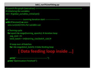 누구나 TensorFlow!
J.	Kang	Ph.D. 72
lab3_runTFLineFitting.py
#	Launch	the	graph	(execution)	========================================
#	Initializing	the	variables
init =	tf.global_variables_initializer()
##	-------------------- Learning	iteration	start	--------------------
with	tf.Session()	as	sess:
sess.run(init)	#	this	for	variable	use
#	Training	cycle
for	epoch	in	range(training_epochs):	#	iteration	loop
avg_cost =	0.
total_batch =	int(training_size/batch_size)	#
#	Loop	over	all	batches
for	i in	range(total_batch):	#	data	feeding	loop
[	Data	feeding	loop	inside	…]
print("--------------------------------------------")
print("Optimization	Finished!")
 