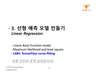 누구나 TensorFlow!
J.	Kang	Ph.D.
- 3. 선형 예측 모델 만들기
Linear Regression
- Linear	Basis	function	model
- Maximum	likelihood	and	least	square
- LAB4:	TensorFlow curve-fitting	
이론 간단히 후딱 넘어갑시다!
77
 