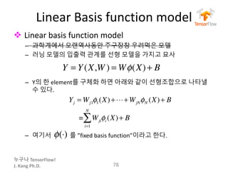 누구나 TensorFlow!
J.	Kang	Ph.D.
Linear	Basis	function	model
v Linear	basis	function	model	
– 과학계에서 오랜역사동안 주구장창 우려먹은 모델
– 러닝 모델의 입출력 관계를 선형 모델을 가지고 묘사
– Y의 한 element를 구체화 하면 아래와 같이 선형조합으로 나타낼
수 있다.
– 여기서 를 ”fixed	basis	function”이라고 한다.
78
φ(⋅)
Yj = Wj1φ1(X)+⋅⋅⋅+WjNφN (X)+ B
= Wjiφi (X)
i=1
N
∑ + B
Y = Y(X,W ) = Wφ(X)+ B
 