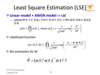 누구나 TensorFlow!
J.	Kang	Ph.D.
Least	Square	Estimation	(LSE)
vLinear	model	+	AWGN	model =>	LSE
– AWGN(백색 가산 잡음): 주파수 특성이 모든 스팩트럼에 대해서 일정한
잡음
v Likelihood	function
v ML estimation	for	W
85
p(t | X,Y,W ) =
1
2πσ 2
exp −
(tj − wjφ(X))2
2σ 2
⎛
⎝⎜
⎞
⎠⎟
j=1
N
∏
p(E) = p(Ej )
j=1
N
∏ , where p(Ej ) =
1
2πσ 2
exp −
Ej
2
2σ 2
⎛
⎝⎜
⎞
⎠⎟
W! = φ(X)T
φ(X)( )
−1
φ(X)T
T
 
