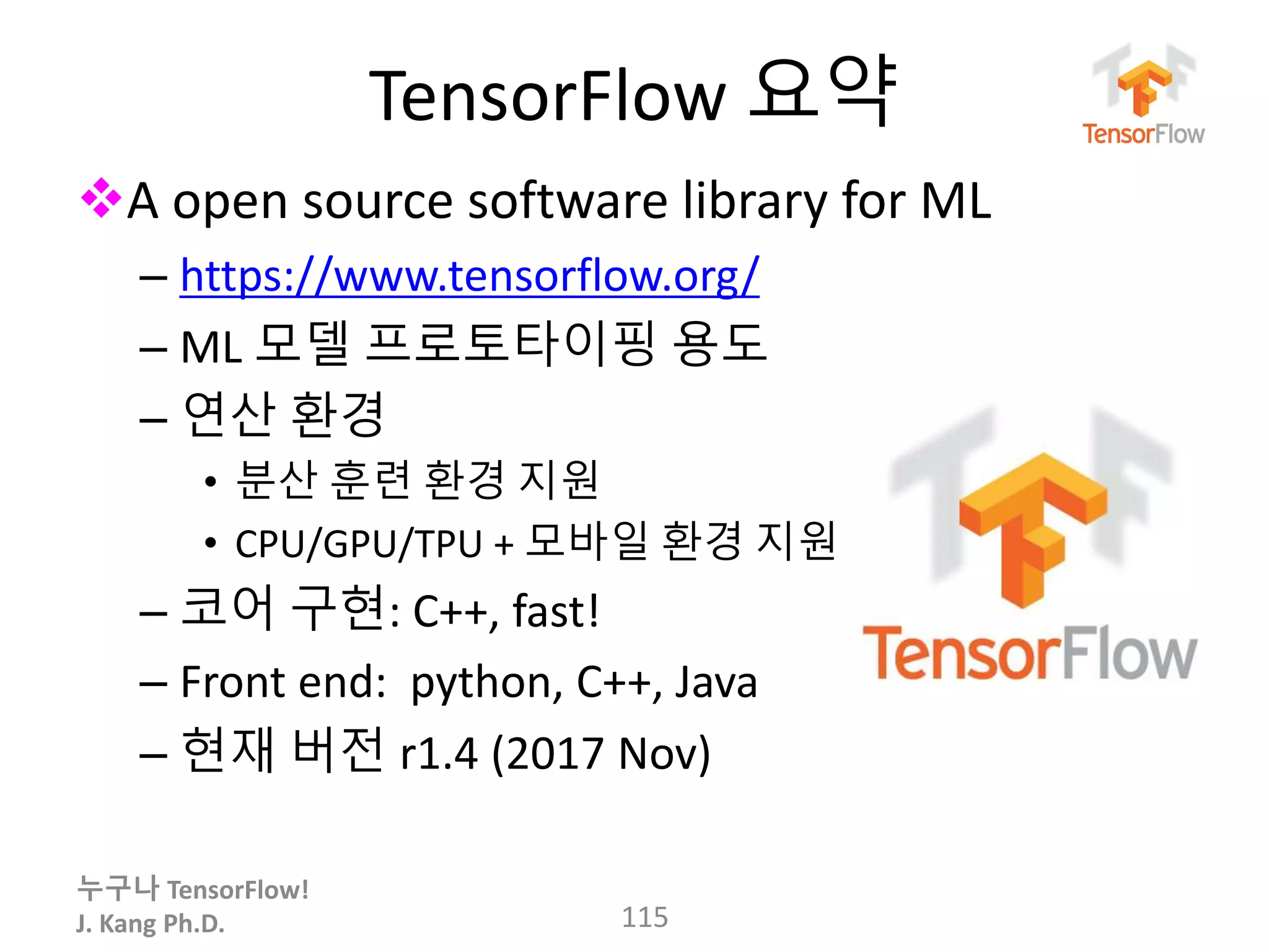 누구나 TensorFlow!
J. Kang Ph.D.
TensorFlow 요약
A open source software library for ML
– https://www.tensorflow.org/
– ML 모델 프로토타이핑 용도
– 연산 환경
• 분산 훈련 환경 지원
• CPU/GPU/TPU + 모바일 환경 지원
– 코어 구현: C++, fast!
– Front end: python, C++, Java
– 현재 버전 r1.4 (2017 Nov)
115
 