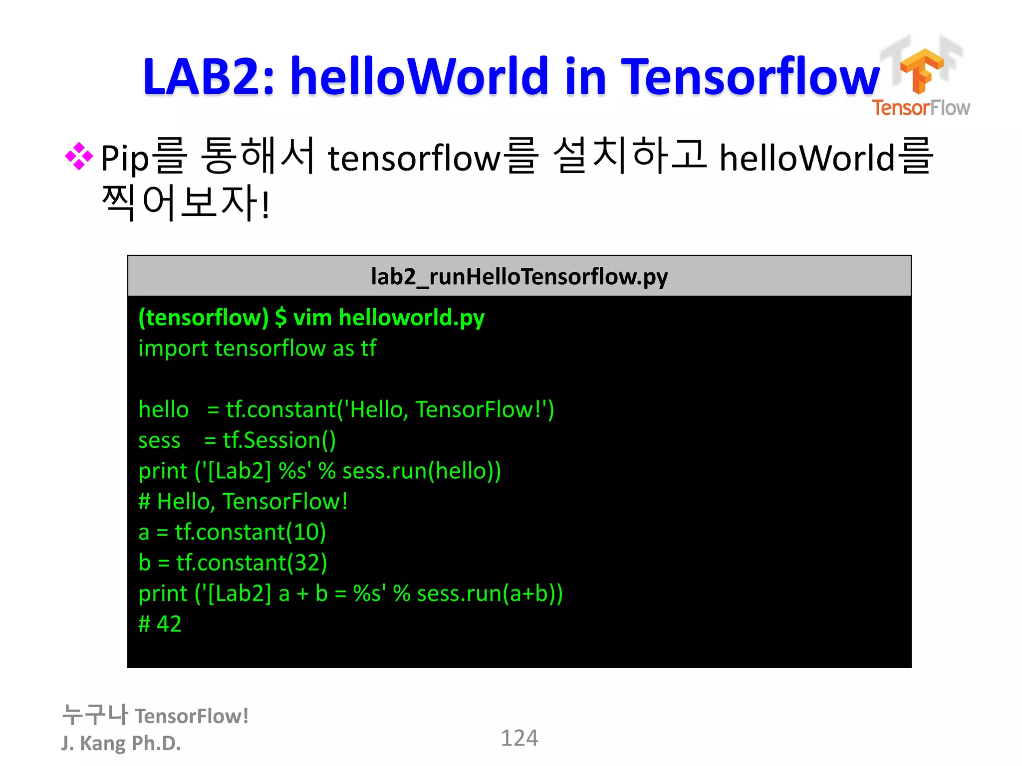 누구나 TensorFlow!
J. Kang Ph.D.
LAB2: helloWorld in Tensorflow
Pip를 통해서 tensorflow를 설치하고 helloWorld를
찍어보자!
124
lab2_runHelloTensorflow.py
(tensorflow) $ vim helloworld.py
import tensorflow as tf
hello = tf.constant('Hello, TensorFlow!')
sess = tf.Session()
print ('[Lab2] %s' % sess.run(hello))
# Hello, TensorFlow!
a = tf.constant(10)
b = tf.constant(32)
print ('[Lab2] a + b = %s' % sess.run(a+b))
# 42
 