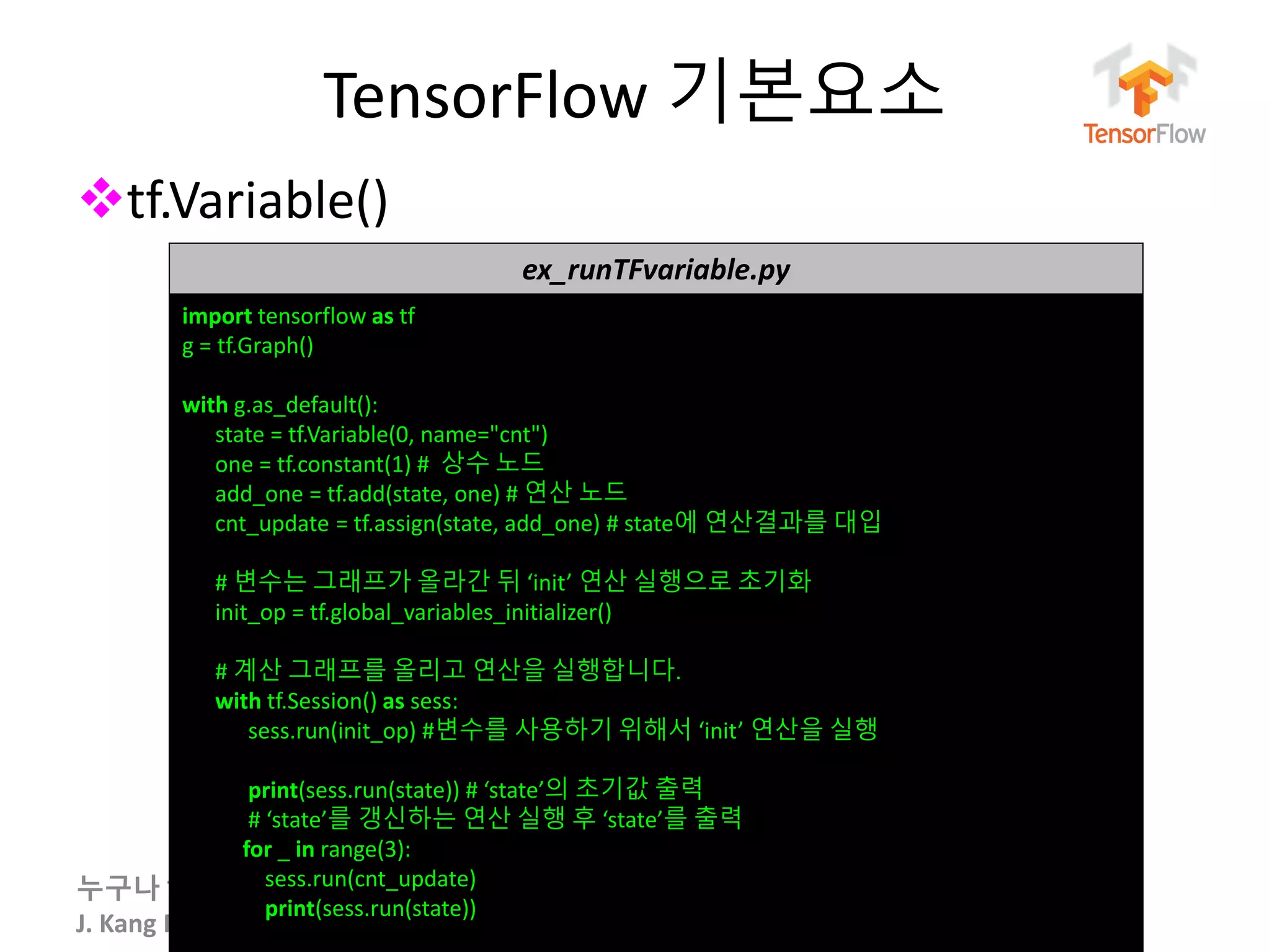 누구나 TensorFlow!
J. Kang Ph.D.
TensorFlow 기본요소
tf.Variable()
142
ex_runTFvariable.py
import tensorflow as tf
g = tf.Graph()
with g.as_default():
state = tf.Variable(0, name="cnt")
one = tf.constant(1) # 상수 노드
add_one = tf.add(state, one) # 연산 노드
cnt_update = tf.assign(state, add_one) # state에 연산결과를 대입
# 변수는 그래프가 올라간 뒤 ‘init’ 연산 실행으로 초기화
init_op = tf.global_variables_initializer()
# 계산 그래프를 올리고 연산을 실행합니다.
with tf.Session() as sess:
sess.run(init_op) #변수를 사용하기 위해서 ‘init’ 연산을 실행
print(sess.run(state)) # ‘state’의 초기값 출력
# ‘state’를 갱신하는 연산 실행 후 ‘state’를 출력
for _ in range(3):
sess.run(cnt_update)
print(sess.run(state))
 