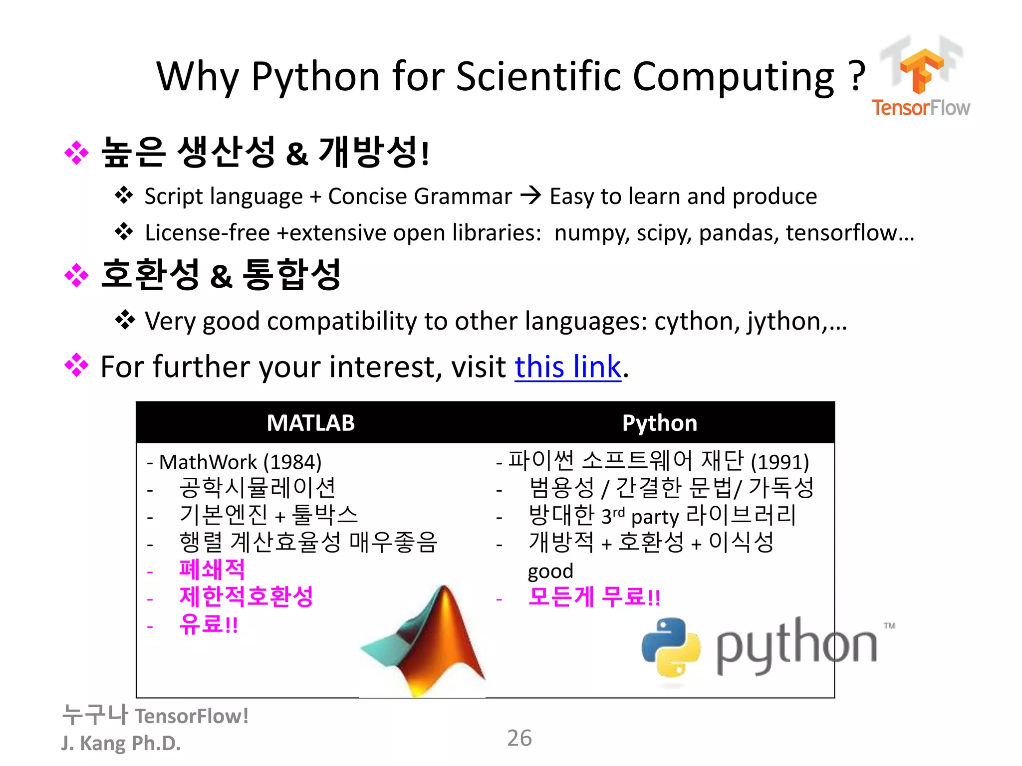 누구나 TensorFlow!
J. Kang Ph.D.
Why Python for Scientific Computing ?
 높은 생산성 & 개방성!
 Script language + Concise Grammar  Easy to learn and produce
 License-free +extensive open libraries: numpy, scipy, pandas, tensorflow…
 호환성 & 통합성
 Very good compatibility to other languages: cython, jython,…
 For further your interest, visit this link.
26
MATLAB Python
- MathWork (1984)
- 공학시뮬레이션
- 기본엔진 + 툴박스
- 행렬 계산효율성 매우좋음
- 폐쇄적
- 제한적호환성
- 유료!!
- 파이썬 소프트웨어 재단 (1991)
- 범용성 / 간결한 문법/ 가독성
- 방대한 3rd party 라이브러리
- 개방적 + 호환성 + 이식성
good
- 모든게 무료!!
 