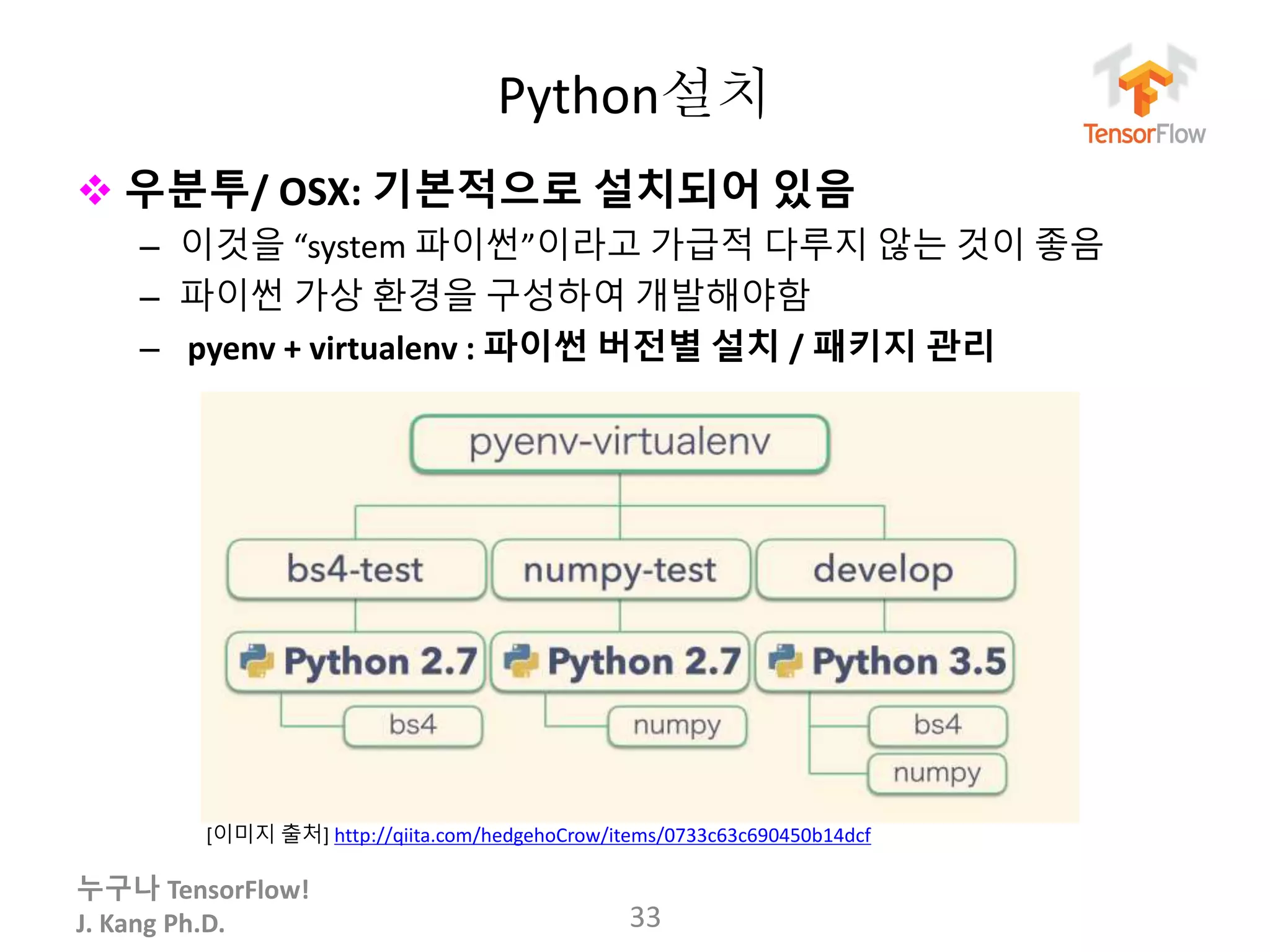 누구나 TensorFlow!
J. Kang Ph.D.
Python설치
 우분투/ OSX: 기본적으로 설치되어 있음
– 이것을 “system 파이썬”이라고 가급적 다루지 않는 것이 좋음
– 파이썬 가상 환경을 구성하여 개발해야함
– pyenv + virtualenv : 파이썬 버전별 설치 / 패키지 관리
33
[이미지 출처] http://qiita.com/hedgehoCrow/items/0733c63c690450b14dcf
 