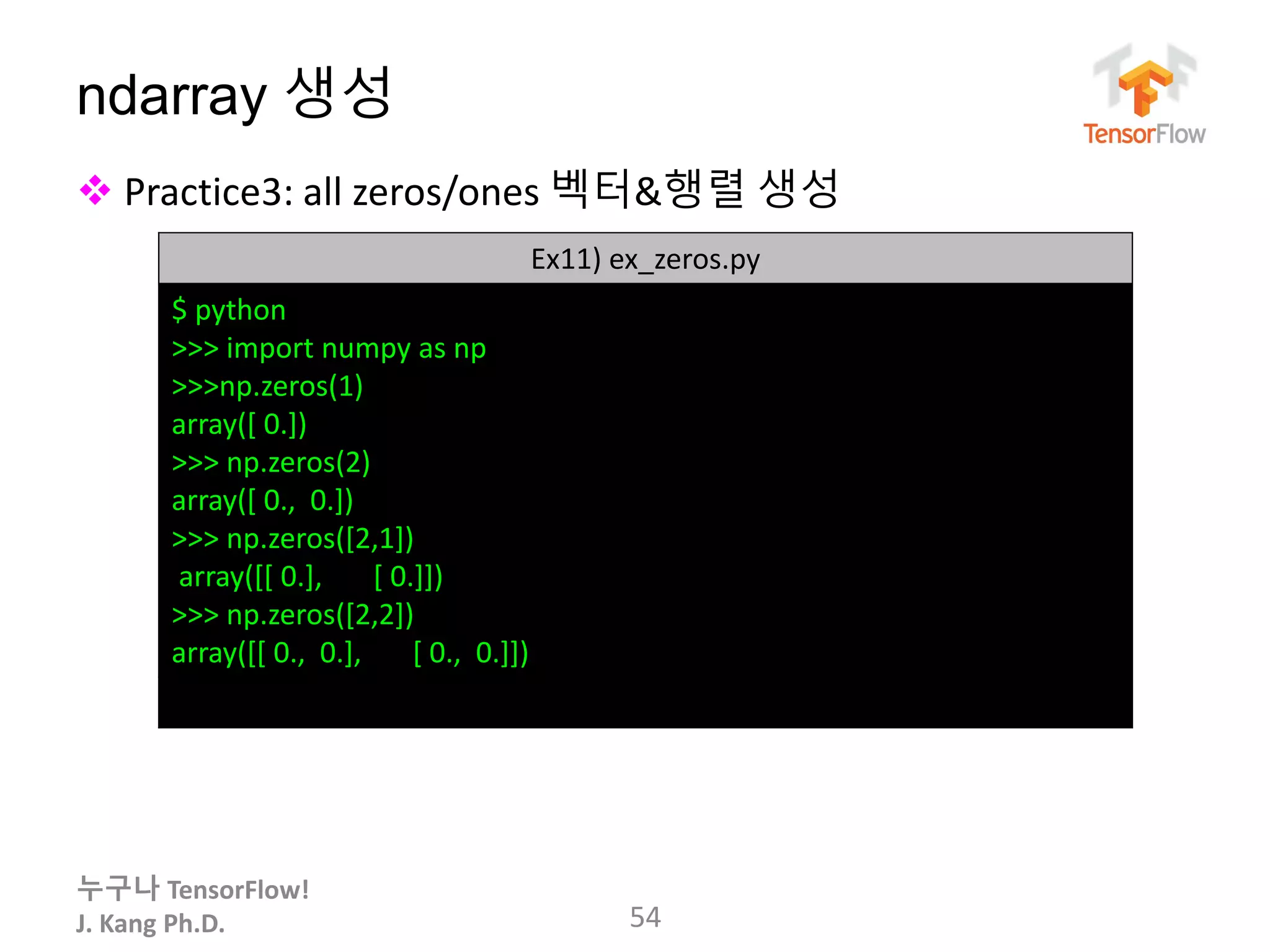 누구나 TensorFlow!
J. Kang Ph.D.
ndarray 생성
 Practice3: all zeros/ones 벡터&행렬 생성
54
Ex11) ex_zeros.py
$ python
>>> import numpy as np
>>>np.zeros(1)
array([ 0.])
>>> np.zeros(2)
array([ 0., 0.])
>>> np.zeros([2,1])
array([[ 0.], [ 0.]])
>>> np.zeros([2,2])
array([[ 0., 0.], [ 0., 0.]])
 