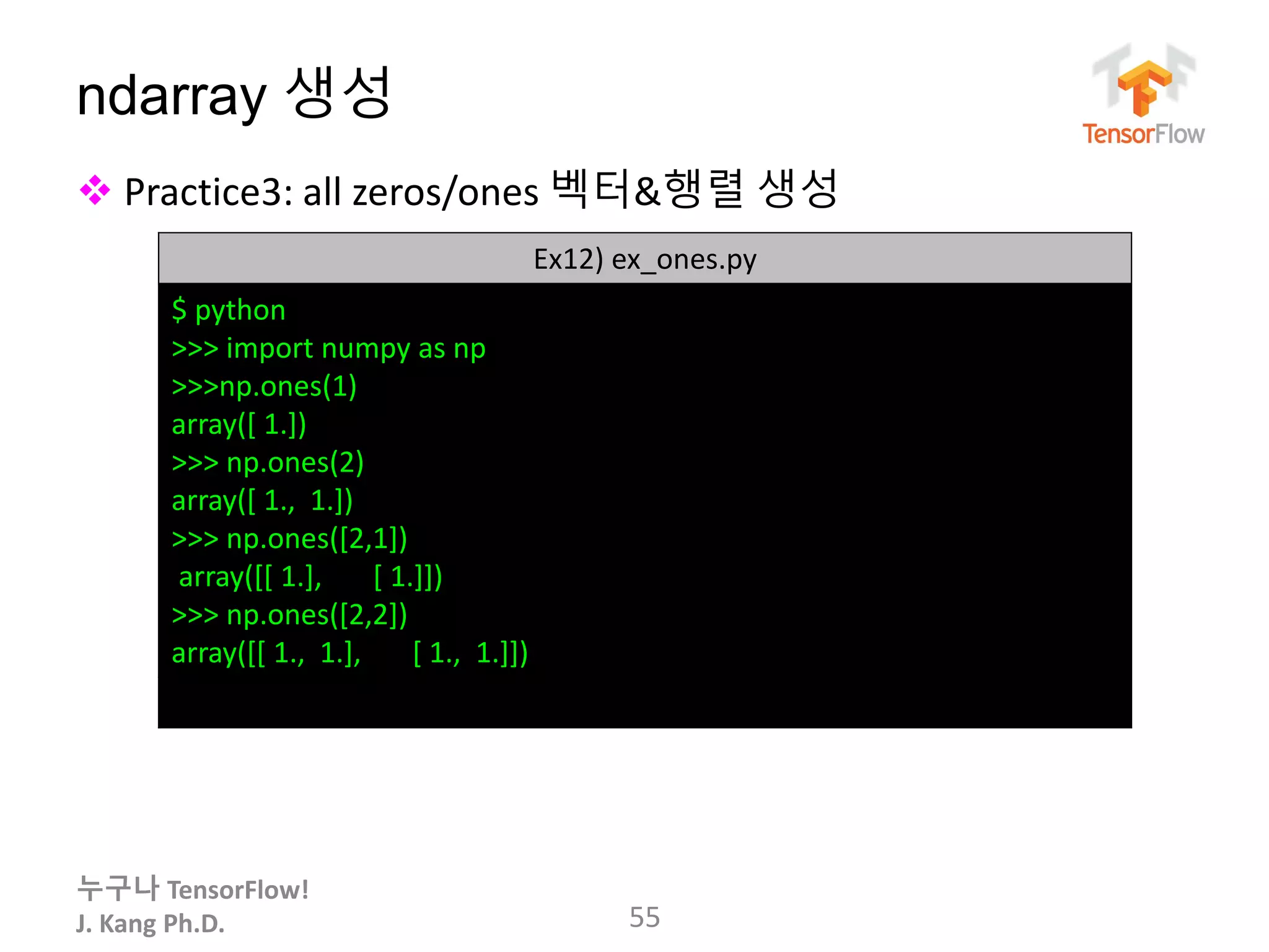 누구나 TensorFlow!
J. Kang Ph.D.
ndarray 생성
 Practice3: all zeros/ones 벡터&행렬 생성
55
Ex12) ex_ones.py
$ python
>>> import numpy as np
>>>np.ones(1)
array([ 1.])
>>> np.ones(2)
array([ 1., 1.])
>>> np.ones([2,1])
array([[ 1.], [ 1.]])
>>> np.ones([2,2])
array([[ 1., 1.], [ 1., 1.]])
 