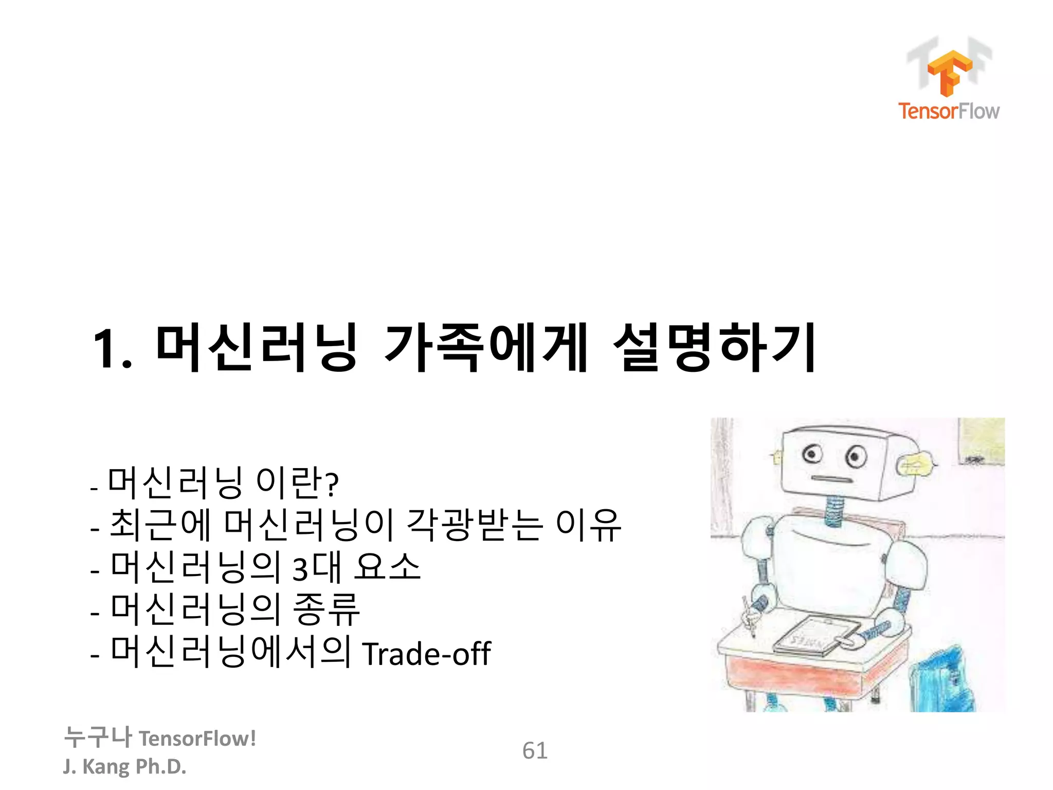 누구나 TensorFlow!
J. Kang Ph.D.
1. 머신러닝 가족에게 설명하기
- 머신러닝 이란?
- 최근에 머신러닝이 각광받는 이유
- 머신러닝의 3대 요소
- 머신러닝의 종류
- 머신러닝에서의 Trade-off
61
 
