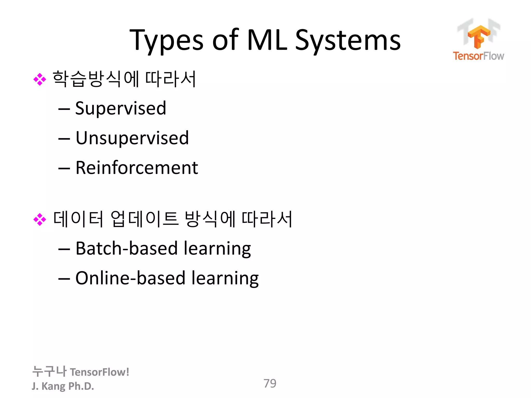 누구나 TensorFlow!
J. Kang Ph.D.
Types of ML Systems
 학습방식에 따라서
– Supervised
– Unsupervised
– Reinforcement
 데이터 업데이트 방식에 따라서
– Batch-based learning
– Online-based learning
79
 