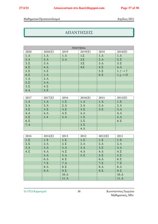 Μαθηματικά Προσανατολισμού Απρίλιος 2021
ΑΠΑΝΤΗΣΕΙΣ
Απαντήσεις
2020 2020(Ε) 2019 2019(Ε) 2018 2018(Ε)
1. Λ 1. Λ 1. Λ 1.Σ 1. Λ 1. Λ
2. Λ 2. Λ 2. Λ 2.Σ 2. Λ 2. Σ
3. Σ 3. Λ 3.Σ 3. Λ 3. Σ
4. Σ 4. Λ 4.Σ 4. Σ 4. Λ
5. Σ 5. Σ 5. Σ 1. 𝑓 → 𝑇
6. Σ 1. Λ 6. Σ 1. 𝑔 → 𝐻
1. Λ 2. Λ
2. Σ 3. Λ
3. Σ 4. Σ
4. Λ 5. Σ
2017 2017(Ε) 2016 2016(Ε) 2015 2015(Ε)
1. Λ 1. Λ 1. Σ 1. Λ 1. Λ 1. Σ
2. Λ 2. Λ 2. Λ 2. Λ 2. Λ 2. Λ
3. Σ 3. Σ 3. Σ 3. Σ 3. Σ 3. Λ
4. Λ 4. Λ 4. Σ 4. Λ 4. Λ
5. Σ 1. 4 5. Λ 1. Σ 5. Λ
6. Σ 2. Σ 6. Σ
7. Λ 3. Σ
4. Λ
2014 2014(Ε) 2013 2012 2012(Ε) 2011
1. Σ 1. Σ 1. Σ 1. Σ 1. Σ 1. Σ
2. Σ 2. Λ 2. Σ 2. Λ 2. Λ 2. Λ
3. Λ 3. Λ 3. Λ 3. Λ 3. Σ 3. Λ
4. Σ 4. Λ 4. Σ 4. Λ 4. Λ 4. Σ
5. Λ 5. Λ 5. Σ 5. Σ 5. Σ
6. Λ 6. Σ 6. Λ 6. Σ
7. Σ 7. Λ 7. Σ 7. Σ
8. Λ 8. Σ 8. Λ 8. Λ
9. Λ 9. Σ 9. Σ 9. Σ
10. Λ 10. Λ
11. Λ 11. Λ
2o ΓΕΛ Καματερού 36 Κωνσταντίνος Γεωργίου
Μαθηματικός, MSc
27/4/21 Αποκλειστικά στο lisari.blogspot.com Page 37 of 38
 