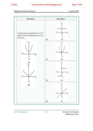 Μαθηματικά Προσανατολισμού Απρίλιος 2021
Ερωτήσεις Απαντήσεις
1. Ποια από τις συναρτήσεις 𝐹, 𝐺, 𝐻, 𝑇
μπορεί να είναι η παράγωγος της 𝑓 και
ποια της 𝑔.
r
r
r
r
2o ΓΕΛ Καματερού 6 Κωνσταντίνος Γεωργίου
Μαθηματικός, MSc
27/4/21 Αποκλειστικά στο lisari.blogspot.com Page 7 of 38
 