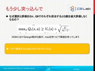 15
もう少し突っ込んで
 なぜ選択と評価をQπ、Qθでそれぞれ担当するとQ値を過大評価しなく
なるの？
2016/6/23
C8Lab Copyright 2014 C8Lab Inc. All rights reserved
 この下限値がDoubleDQNではゼロになる
DQNにおけるtarget側のQ値が、maxを持つと下限値を持ってしまう
 