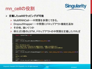 10
rnn_cellの役割
 定義したcellのラッピングが可能
 MultiRNNCell・・・中間層を多層にできる。
 DropoutWrapper・・・中間層にドロップアウト機能を追加
 その他、後いくつか
 例えば３層のLSTM、ドロップアウトの中間層を定義したければ
2016/9/27
Singularity Copyright 2016 Singularity Inc. All rights reserved
 