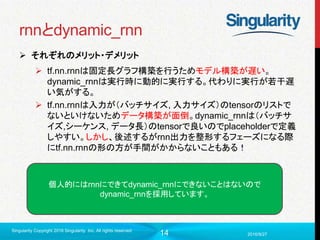 14
rnnとdynamic_rnn
 それぞれのメリット・デメリット
 tf.nn.rnnは固定長グラフ構築を行うためモデル構築が遅い。
dynamic_rnnは実行時に動的に実行する。代わりに実行が若干遅
い気がする。
 tf.nn.rnnは入力が（バッチサイズ, 入力サイズ）のtensorのリストで
ないといけないためデータ構築が面倒。dynamic_rnnは（バッチサ
イズ,シーケンス, データ長）のtensorで良いのでplaceholderで定義
しやすい。しかし、後述するがrnn出力を整形するフェーズになる際
にtf.nn.rnnの形の方が手間がかからないこともある！
2016/9/27
Singularity Copyright 2016 Singularity Inc. All rights reserved
個人的にはrnnにできてdynamic_rnnにできないことはないので
dynamic_rnnを採用しています。
 