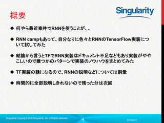 4
概要
 何やら最近案件でRNNを使うことが、、
 RNN campもあって、自分なりに色々とRNNのTensorFlow実装につ
いて試してみた
 結論から言うとTFでRNN実装はドキュメント不足などもあり実装がやや
こしいので幾つかのパターンで実装のノウハウをまとめてみた
 TF実装の話になるので、RNNの説明などについては割愛
 時間的に全部説明しきれないので残った分は次回
2016/9/27
Singularity Copyright 2016 Singularity Inc. All rights reserved
 