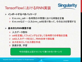 6
TensorFlowにおけるRNN実装
 インポートするべきパッケージ
 tf.nn.rnn_cell・・・各時間の中間層における挙動を定義
 tf.nn.rnnなど・・・入力とrnn_cellを受け取って、その出力を管理する
 基本的なRNN構築手順
 入力データ整形
 cellを定義してラッピングなどをして各時間での挙動を定義
 cellと入力データを元に、RNN全体で順伝播
 出力を加工して出力層を作成
 誤差計算、学習
2016/9/27
Singularity Copyright 2016 Singularity Inc. All rights reserved
今日の話は上記３つについて幾つかのパターンで
 