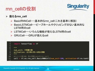 9
rnn_cellの役割
 扱えるrnn_cell
 BasicRNNCell・・・基本的なrnn_cell（これを基準に解説）
 BasicLSTMCell・・・ピープホールやクリッピングのない基本的な
LSTM用のcell
 LSTMCell・・・いろんな機能が使えるLSTM用のcell
 GRUCell・・・GRUが扱えるcell
2016/9/27
Singularity Copyright 2016 Singularity Inc. All rights reserved
 