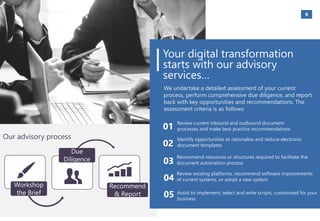 9
Review current inbound and outbound document
processes and make best practice recommendations
Identify opportunities to rationalise and reduce electronic
document templates
Recommend resources or structures required to facilitate the
document automation process
Review existing platforms, recommend software improvements
of current systems, or adopt a new system
Assist to implement, select and write scripts, customised for your
business
Your digital transformation
starts with our advisory
services…
We undertake a detailed assessment of your current
process, perform comprehensive due diligence, and report
back with key opportunities and recommendations. The
assessment criteria is as follows:
01
02
03
04
05
Workshop
the Brief
Due
Diligence
Recommend
& Report
Our advisory process
 