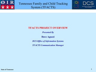 TFACTS PROJECT OVERVIEW Presented By Dave Aguzzi DCS Office of Information Systems TFACTS Communication Manager 