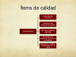 Ítems de calidad
Características
Capacidad de
inferencia
Selección del
contenido apropiado
No calcar palabras
originales
No destacar la
respuesta correcta por
su longitud
Distractores “fiables”,
relacionados con el
texto
 