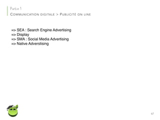 67
Partie 1
COMMUNICATION DIGITALE > PUBLICITÉ ON LINE
=> SEA : Search Engine Advertising
=> Display
=> SMA : Social Media Advertising
=> Native Adverstising
 