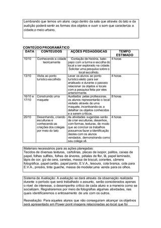 Lembrando que temos um aluno cego dentro da sala que através do tato e da 
audição poderá sentir as formas dos objetos e ouvir o som que caracteriza a 
cidade,o meio urbano. 
CONTEÚDO PROGRAMÁTICO 
DATA CONTEÚDOS AÇÕES PEDAGÓGICAS TEMPO 
ESTIMADO 
10/10 Conhecendo a cidade 
teoricamente 
Contação de história, bate-papo 
com a turma e escolha do 
local a ser explorado na cidade. 
Solicitar uma pesquisa sobre o 
local escolhido. 
4 horas 
13/10 Visita ao ponto 
turístico escolhido 
Levar os alunos ao ponto 
turístico eleito para ser 
analisado e durante o passeio 
relacionar os objetos e locais 
com a pesquisa feita por eles 
anteriormente. 
4 horas 
16/10 e 
17/10 
Construindo uma 
maquete 
Auxiliados pelas professoras, 
os alunos representarão o local 
visitado através de uma 
maquete, incentivando-os a 
detalhar os objetos conhecidos 
e a serem críticos. 
8 horas 
20/10 Desenhando, criando 
esculturas e 
conhecendo as 
criações dos colegas 
por meio do tato 
As atividades sugeridas serão 
de criar esculturas, desenhos, 
com formas, texturas, de modo 
que ao concluir os trabalhos 
possamos fazer a identificação 
destes com os alunos 
vendados, demonstrando como 
seu colega vê. 
4 horas 
Materiais necessários para as ações planejadas: 
Tecidos de diversas texturas, cartolinas, placas de isopor, palitos, caixas de 
papel, folhas sulfites, folhas de árvores, pétalas de flor, lã, papel laminado, 
lápis de cor, giz de cera, canetas, massa de biscuit, corantes, câmera 
fotográfica, papel cartão, papel pardo, E.V.A., tesoura, cola branca, cola para 
E.V.A., pincéis, tinta guache, massa de modelar,uma venda para os olhos. 
Sistema de Avaliação: A avaliação se dará através da observação realizada 
durante o período que será trabalhado o assunto, serão considerados apenas 
o nível de interesse, o desempenho crítico de cada aluno e a maneira como se 
socializam. Registraremos por meio de fotografias algumas atividades, nas 
quais identificaremos o entrosamento de uns com os outros. 
Reavaliação: Para aqueles alunos que não conseguiram alcançar os objetivos 
será apresentado em Power point imagens relacionadas ao local que foi 
 