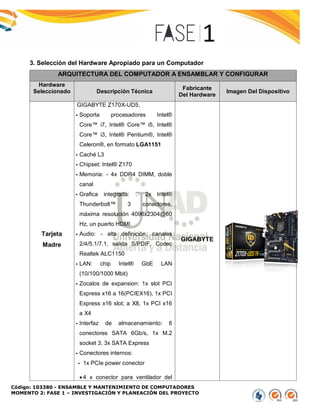 Código: 103380 - ENSAMBLE Y MANTENIMIENTO DE COMPUTADORES
MOMENTO 2: FASE 1 – INVESTIGACIÓN Y PLANEACIÓN DEL PROYECTO
3. Selección del Hardware Apropiado para un Computador
ARQUITECTURA DEL COMPUTADOR A ENSAMBLAR Y CONFIGURAR
Hardware
Seleccionado Descripción Técnica
Fabricante
Del Hardware
Imagen Del Dispositivo
Tarjeta
Madre
GIGABYTE Z170X-UD5,
- Soporta procesadores Intel®
Core™ i7, Intel® Core™ i5, Intel®
Core™ i3, Intel® Pentium®, Intel®
Celeron®, en formato LGA1151
- Caché L3
- Chipset: Intel® Z170
- Memoria: - 4x DDR4 DIMM, doble
canal
- Grafica integrada: 2x Intel®
Thunderbolt™ 3 conectores,
máxima resolución 4096x2304@60
Hz, un puerto HDMI.
- Audio: - alta definición, canales
2/4/5.1/7.1, salida S/PDIF, Codec
Realtek ALC1150
- LAN: chip Intel® GbE LAN
(10/100/1000 Mbit)
- Zocalos de expansion: 1x slot PCI
Express x16 a 16(PCIEX16), 1x PCI
Express x16 slot; a X8, 1x PCI x16
a X4
- Interfaz de almacenamiento: 6
conectores SATA 6Gb/s, 1x M.2
socket 3, 3x SATA Express
- Conectores internos:
- 1x PCIe power conector
 4 x conector para ventilador del
GIGABYTE
 
