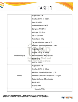 Código: 103380 - ENSAMBLE Y MANTENIMIENTO DE COMPUTADORES
MOMENTO 2: FASE 1 – INVESTIGACIÓN Y PLANEACIÓN DEL PROYECTO
Capacidad: 2TB
Interfaz: SATA de 6 Gb/s
Caché: 64MB
Densidad de área: 625
Longitud: 146.99mm
Anchura: 101.6mm
Altura: 26.1mm
Peso típico: 626g
Temperatura operativa: 60°C
Potencia operativa promedio: 6.70w
Western Digital
Capacidad: 2TB
Interfaz: SATA de 6Gb/s
Factor de forma: 3.5 pulgadas
RPM: 5940
Caché: 32MB
Hitachi
Capacidad: 1TB
Interfaz: SATA de 6Gb/s
Potencia media de operación 1,7W
Formato avanzado Emulador de 512 bytes
Factor de forma: 2.5 pulgadas
RPM: 5400
Caché: 8MB
Memoria RAM:
 