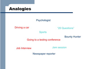 Analogies
Psychologist
Driving a car

“20 Questions”
Sports
Bounty Hunter

Going to a testing conference
Job Interview

Jam session
Newspaper reporter

 