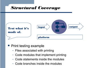 Structural Coverage

Test what it’s
made of.

input

platform

 Print
–
–
–
–

testing example

Files associated with printing
Code modules that implement printing
Code statements inside the modules
Code branches inside the modules

output

 