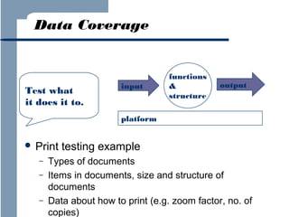 Data Coverage

Test what
it does it to.

input

functions
&
structure

output

platform

 Print
–
–
–

testing example

Types of documents
Items in documents, size and structure of
documents
Data about how to print (e.g. zoom factor, no. of
copies)

 
