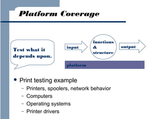 Platform Coverage

Test what it
depends upon.

input

functions
&
structure

platform

 Print
–
–
–
–

testing example

Printers, spoolers, network behavior
Computers
Operating systems
Printer drivers

output

 