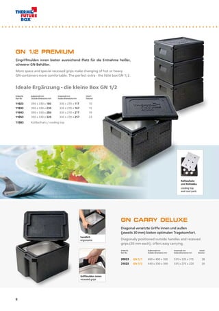 Ideale Ergänzung - die kleine Box GN 1/2
GN 1/2 PREMIUM
Eingriffmulden innen bieten ausreichend Platz für die Entnahme heißer,
schwerer GN-Behälter.
More space and special recessed grips make changing of hot or heavy 	
GN-containers more comfortable. The perfect extra - the little box GN 1/2.
Artikel Nr.	 Außenmaß mm	 Innenmaß mm	 Inhalt I
Item No.	 Outside dimensions mm	 Inside dimensions mm	 Volume I
11023	 390 x 330 x 180	 330 x 270 x 117	 10
11033	 390 x 330 x 230	 330 x 270 x 167	 15
11043	 390 x 330 x 280	 330 x 270 x 217	 19
11053	 390 x 330 x 320	 330 x 270 x 257	 23
11083	 Kühlaufsatz / cooling top
GN CARRY DELUXE
Diagonal versetzte Griffe innen und außen		
(jeweils 30 mm) bieten optimalen Tragekomfort.
Diagonally positioned outside handles and recessed 	
grips (30 mm each), offers easy carrying.
Artikel Nr.		 Außenmaß mm	 Innenmaß mm	 Inhalt I
Item No.		 Outside dimensions mm	 Inside dimensions mm	 Volume I
20023	 GN 1/1	 660 x 400 x 300	 535 x 335 x 215	 38
21023	 GN 1/2	 440 x 330 x 300	 335 x 275 x 220	 20
handlich
ergonomic
Griffmulden innen
recessed grips
Kühlaufsatz
und Kühlakku
cooling top
and cool pack
8
 