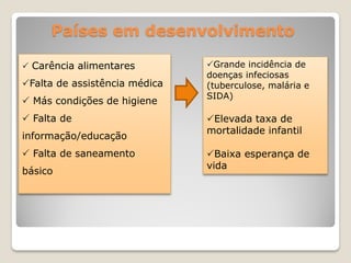 Países em desenvolvimento
 Carência alimentares
Falta de assistência médica
 Más condições de higiene
 Falta de
informação/educação
 Falta de saneamento
básico
Grande incidência de
doenças infeciosas
(tuberculose, malária e
SIDA)
Elevada taxa de
mortalidade infantil
Baixa esperança de
vida
 