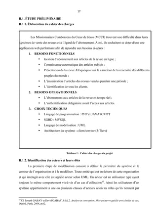 17
II.1. ÉTUDE PRÉLIMINAIRE
II.1.1. Élaboration du cahier des charges
II.1.2. Identification des acteurs et leurs rôles
La première étape de modélisation consiste à définir le périmètre du système et le
contour de l’organisation et à le modéliser. Toute entité qui est en dehors de cette organisation
et qui interagit avec elle est appelé acteur selon UML. Un acteur est un utilisateur type ayant
toujours le même comportement vis-à-vis d’un cas d’utilisation37
. Ainsi les utilisateurs d’un
système appartiennent à une ou plusieurs classes d’acteurs selon les rôles qu’ils tiennent par
37
Cf. Joseph GABAY et David GABAY, UML2. Analyse et conception. Mise en œuvre guidée avec études de cas,
Dunod, Paris, 2008, p.62.
Les Missionnaires Comboniens du Cœur de Jésus (MCCJ) trouvent une difficulté dans leurs
systèmes de vente des revues et à l’égard de l’abonnement. Ainsi, ils souhaitent se doter d'une une
application web performant afin de répondre aux besoins ci-après :
1. BESOINS FONCTIONNELS
 Gestion d’abonnement aux articles de la revue en ligne ;
 Connaissance automatique des articles publiés ;
 Présentation de la revue Afriquespoir sur le carrefour de la rencontre des différents
peuples du monde ;
 L’énumération d’articles des revues vendus pendant une période ;
 L’identification de tous les clients.
2. BESOINS OPERATIONNELS
 L’abonnement aux articles de la revue en temps réel ;
 L’authentification obligatoire avant l’accès aux articles.
3. CHOIX TECHNIQUES
 Langage de programmation : PHP et JAVASCRIPT
 SGBD : MYSQL
 Langage de modélisation : UML
 Architecture du système : client/serveur (3-Tiers)
Tableau 1: Cahier des charges du projet
 