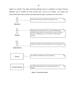 18
rapport au système. Une même personne physique peut se comporter en autant d’acteurs
différents que le nombre de rôles qu’elle joue vis-à-vis du système. Les acteurs qui
interviennent dans notre système sont repris dans la figure ci-dessous avec leurs rôles :
Figure 3: Acteurs du système
 
