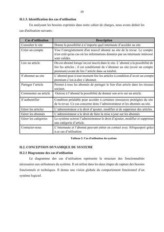 19
II.1.3. Identification des cas d'utilisation
En analysant les besoins exprimés dans notre cahier de charges, nous avons déduit les
cas d'utilisation suivants :
II.2. CONCEPTION DYNAMIQUE DU SYSTEME
II.2.1 Diagramme des cas d'utilisation
Le diagramme des cas d’utilisation représente la structure des fonctionnalités
nécessaires aux utilisateurs du système. Il est utilisé dans les deux étapes de capture des besoins
fonctionnels et techniques. Il donne une vision globale du comportement fonctionnel d’un
système logiciel.
Cas d’utilisation Description
Consulter le site Donne la possibilité à n’importe quel internaute d’accéder au site
Créer un compte Vise l’enregistrement d'un nouvel abonné au site de la revue. Le compte
n'est créé qu'au cas où les informations données par un internaute intéressé
sont valides.
Lire un article On est abonné lorsqu’on est inscrit dans le site. L’abonné a la possibilité de
lire les articles ; il est conditionné de s’abonner au site (avoir un compte
premium) avant de lire l’article dans sa totalité.
S’abonner au site L’abonné peut à tout moment lire les articles à condition d’avoir un compte
premium c’est-à-dire s’abonner.
Partager l’article Permet à tous les abonnés de partager le lien d'un article dans les réseaux
sociaux.
Commenter un article Octroie à l’abonné la possibilité de donner son avis sur un article.
S’authentifier Condition préalable pour accéder à certaines ressources protégées du site
de la revue. Ce cas concerne donc l’administrateur et les abonnés au site.
Gérer les articles L’administrateur a le droit d’ajouter, modifier et de supprimer des articles.
Gérer les abonnés L’administrateur a le droit de faire la mise à jour sur les abonnés
Gérer les catégories Le système octroie l’administrateur le droit d’ajouter, modifier et supprimer
une catégorie d’article.
Contacter-nous L’internaute et l’abonné peuvent entrer en contact avec Afriquespoir grâce
à ce cas d’utilisation
Tableau 2: Cas d'utilisation du système
 