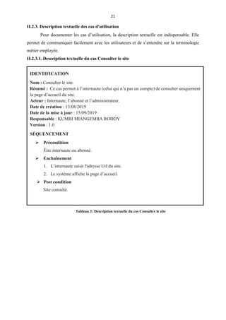 21
II.2.3. Description textuelle des cas d'utilisation
Pour documenter les cas d’utilisation, la description textuelle est indispensable. Elle
permet de communiquer facilement avec les utilisateurs et de s’entendre sur la terminologie
métier employée.
II.2.3.1. Description textuelle du cas Consulter le site
IDENTIFICATION
Nom : Consulter le site.
Résumé : Ce cas permet à l’internaute (celui qui n’a pas un compte) de consulter uniquement
la page d’accueil du site.
Acteur : Internaute, l’abonné et l’administrateur.
Date de création : 13/08/2019
Date de la mise à jour : 15/09/2019
Responsable : KUMBI MIANGEMBA RODDY
Version : 1.0
SÉQUENCEMENT
 Précondition
Être internaute ou abonné.
 Enchaînement
1. L’internaute saisit l'adresse Url du site.
2. Le système affiche la page d’accueil.
 Post condition
Site consulté.
Tableau 3: Description textuelle du cas Consulter le site
 