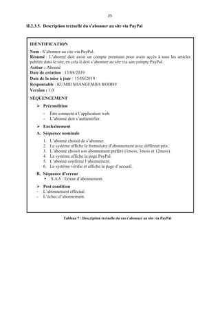 25
II.2.3.5. Description textuelle du s’abonner au site via PayPal
IDENTIFICATION
Nom : S’abonner au site via PayPal.
Résumé : L’abonné doit avoir un compte premium pour avoir accès à tous les articles
publiés dans le site, en cela il doit s’abonner au site via son compte PayPal.
Acteur : Abonné
Date de création : 13/08/2019
Date de la mise à jour : 15/09/2019
Responsable : KUMBI MIANGEMBA RODDY
Version : 1.0
SÉQUENCEMENT
 Précondition
- Être connecté à l’application web.
- L’abonné doit s’authentifier.
 Enchaînement
A. Séquence nominale
1. L’abonné choisit de s’abonner.
2. Le système affiche le formulaire d’abonnement avec différent prix.
3. L’abonné choisit son abonnement préféré (1mois, 3mois et 12mois).
4. Le système affiche la page PayPal.
5. L’abonné confirme l’abonnement.
6. Le système vérifie et affiche la page d’accueil.
B. Séquence d’erreur
 S.A.6 : Erreur d’abonnement.
 Post condition
- L’abonnement effectué.
- L’échec d’abonnement.
Tableau 7 : Description textuelle du cas s’abonner au site via PayPal
 