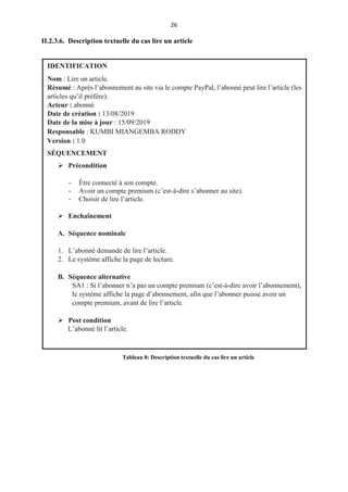 26
II.2.3.6. Description textuelle du cas lire un article
IDENTIFICATION
Nom : Lire un article.
Résumé : Après l’abonnement au site via le compte PayPal, l’abonné peut lire l’article (les
articles qu’il préfère).
Acteur : abonné
Date de création : 13/08/2019
Date de la mise à jour : 15/09/2019
Responsable : KUMBI MIANGEMBA RODDY
Version : 1.0
SÉQUENCEMENT
 Précondition
- Être connecté à son compte.
- Avoir un compte premium (c’est-à-dire s’abonner au site).
- Choisir de lire l’article.
 Enchaînement
A. Séquence nominale
1. L’abonné demande de lire l’article.
2. Le système affiche la page de lecture.
B. Séquence alternative
SA1 : Si l’abonner n’a pas un compte premium (c’est-à-dire avoir l’abonnement),
le système affiche la page d’abonnement, afin que l’abonner puisse avoir un
compte premium, avant de lire l’article.
 Post condition
L’abonné lit l’article.
Tableau 8: Description textuelle du cas lire un article
 
