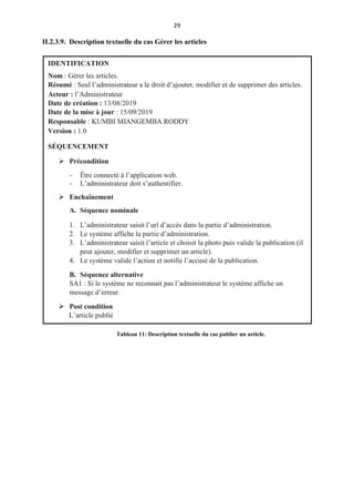 29
II.2.3.9. Description textuelle du cas Gérer les articles
IDENTIFICATION
Nom : Gérer les articles.
Résumé : Seul l’administrateur a le droit d’ajouter, modifier et de supprimer des articles.
Acteur : l’Administrateur
Date de création : 13/08/2019
Date de la mise à jour : 15/09/2019
Responsable : KUMBI MIANGEMBA RODDY
Version : 1.0
SÉQUENCEMENT
 Précondition
- Être connecté à l’application web.
- L’administrateur doit s’authentifier.
 Enchaînement
A. Séquence nominale
1. L’administrateur saisit l’url d’accès dans la partie d’administration.
2. Le système affiche la partie d’administration.
3. L’administrateur saisit l’article et choisit la photo puis valide la publication (il
peut ajouter, modifier et supprimer un article).
4. Le système valide l’action et notifie l’accusé de la publication.
B. Séquence alternative
SA1 : Si le système ne reconnait pas l’administrateur le système affiche un
message d’erreur.
 Post condition
L’article publié
Tableau 11: Description textuelle du cas publier un article.
 
