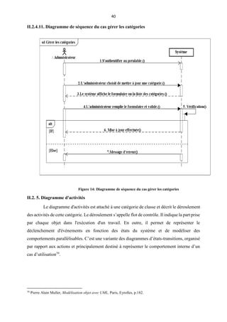 40
II.2.4.11. Diagramme de séquence du cas gérer les catégories
II.2. 5. Diagramme d'activités
Le diagramme d'activités est attaché à une catégorie de classe et décrit le déroulement
des activités de cette catégorie. Le déroulement s’appelle flot de contrôle. Il indique la part prise
par chaque objet dans l'exécution d'un travail. En outre, il permet de représenter le
déclenchement d'événements en fonction des états du système et de modéliser des
comportements parallélisables. C’est une variante des diagrammes d’états-transitions, organisé
par rapport aux actions et principalement destiné à représenter le comportement interne d’un
cas d’utilisation39
.
39
Pierre Alain Muller, Modélisation objet avec UML, Paris, Eyrolles, p.182.
Figure 14: Diagramme de séquence du cas gérer les catégories
 