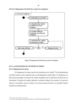 48
II.2.5.11. Diagramme d’activités du cas gérer les catégories
II.3. LA CONCEPTION DU SYSTÈME STATIQUE
II.3.1. Diagramme des classes
Un diagramme de classes montre une abstraction de la réalité.40
Il est généralement
considéré comme le plus important dans un développement orienté objet. Ce diagramme est
prévu pour développer la structure des entités manipulées par les utilisateurs du point de vue
fonctionnel. Il exprime de manière générale la structure statique d’un système, en termes de
classes et de relations entre ces classes. Une classe permet de décrire un ensemble d’objets
(attributs et comportement).
40
Cf. Pierre Alain Muller, Modélisation objet avec UML, Paris, Eyrolles, p.48.
Figure 25: Diagramme d’activités du cas gérer les catégories
 