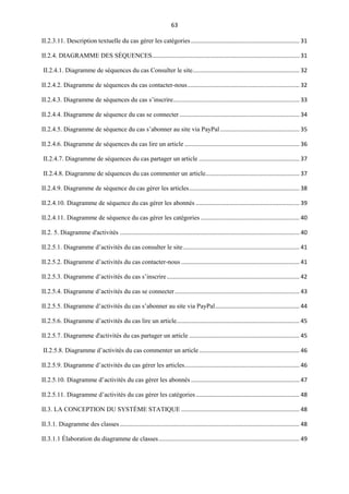 63
II.2.3.11. Description textuelle du cas gérer les catégories................................................................... 31
II.2.4. DIAGRAMME DES SÉQUENCES........................................................................................... 31
II.2.4.1. Diagramme de séquences du cas Consulter le site.................................................................. 32
II.2.4.2. Diagramme de séquences du cas contacter-nous..................................................................... 32
II.2.4.3. Diagramme de séquences du cas s’inscrire.............................................................................. 33
II.2.4.4. Diagramme de séquence du cas se connecter .......................................................................... 34
II.2.4.5. Diagramme de séquence du cas s’abonner au site via PayPal................................................. 35
II.2.4.6. Diagramme de séquences du cas lire un article ....................................................................... 36
II.2.4.7. Diagramme de séquences du cas partager un article .............................................................. 37
II.2.4.8. Diagramme de séquences du cas commenter un article.......................................................... 37
II.2.4.9. Diagramme de séquence du cas gérer les articles.................................................................... 38
II.2.4.10. Diagramme de séquence du cas gérer les abonnés ................................................................ 39
II.2.4.11. Diagramme de séquence du cas gérer les catégories ............................................................. 40
II.2. 5. Diagramme d'activités ............................................................................................................... 40
II.2.5.1. Diagramme d’activités du cas consulter le site........................................................................ 41
II.2.5.2. Diagramme d’activités du cas contacter-nous ......................................................................... 41
II.2.5.3. Diagramme d’activités du cas s’inscrire.................................................................................. 42
II.2.5.4. Diagramme d’activités du cas se connecter............................................................................. 43
II.2.5.5. Diagramme d’activités du cas s’abonner au site via PayPal.................................................... 44
II.2.5.6. Diagramme d’activités du cas lire un article............................................................................ 45
II.2.5.7. Diagramme d'activités du cas partager un article .................................................................... 45
II.2.5.8. Diagramme d’activités du cas commenter un article.............................................................. 46
II.2.5.9. Diagramme d’activités du cas gérer les articles....................................................................... 46
II.2.5.10. Diagramme d’activités du cas gérer les abonnés................................................................... 47
II.2.5.11. Diagramme d’activités du cas gérer les catégories................................................................ 48
II.3. LA CONCEPTION DU SYSTÈME STATIQUE ......................................................................... 48
II.3.1. Diagramme des classes............................................................................................................... 48
II.3.1.1 Élaboration du diagramme de classes....................................................................................... 49
 