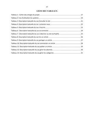 vii
LISTE DES TABLEAUX
Tableau 1: Cahier des charges du projet.............................................................................................. 17
Tableau 2: Cas d'utilisation du système ................................................................................................ 19
Tableau 3: Description textuelle du cas Consulter le site ..................................................................... 21
Tableau 4: Description textuelle du cas contacter-nous...................................................................... 22
Tableau 5: Description textuelle du cas s’inscrire................................................................................. 23
Tableau 6 : Description textuelle du cas se connecter.......................................................................... 24
Tableau 7 : Description textuelle du cas s’abonner au site via PayPal.................................................. 25
Tableau 8: Description textuelle du cas lire un article.......................................................................... 26
Tableau 9: Description textuelle du cas partager un article ................................................................. 27
Tableau 10: Description textuelle du cas commenter un article .......................................................... 28
Tableau 11: Description textuelle du cas publier un article.................................................................. 29
Tableau 12: Description textuelle du cas gérer les abonnés................................................................. 30
Tableau 13: Description textuelle du cas gérer les catégories.............................................................. 31
 